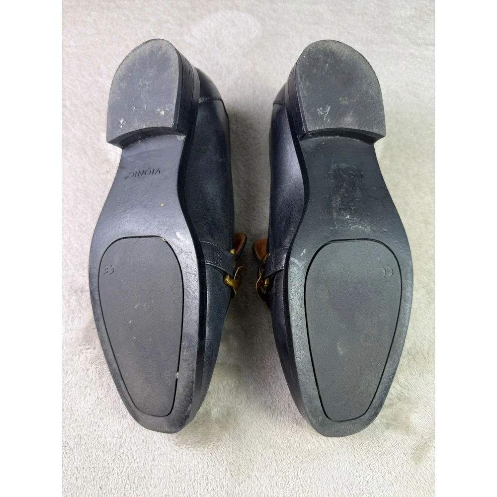 Vionic Mizelle Black Leather Chain Link Loafers Size 6.5 Square Toe Flats Womens